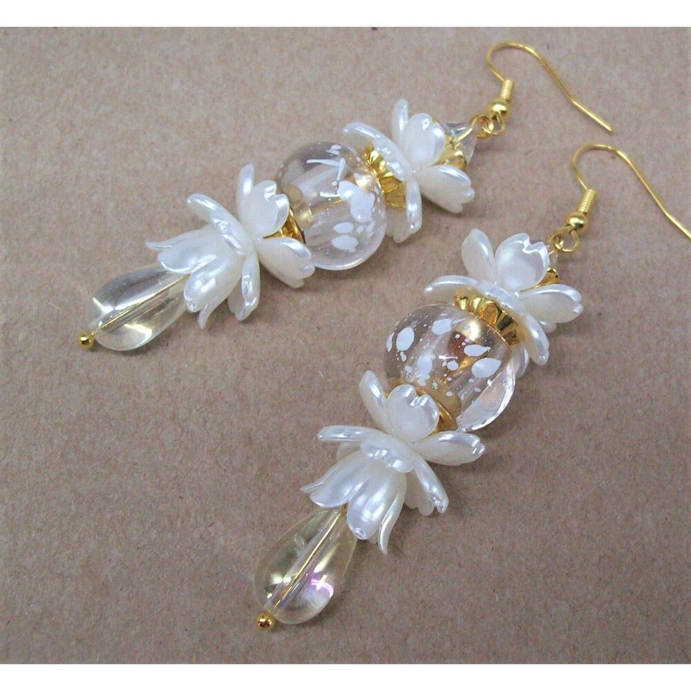 Lampwork Dangle Earrings, White, Gold, Handmade Artisan Crafted Jewelry